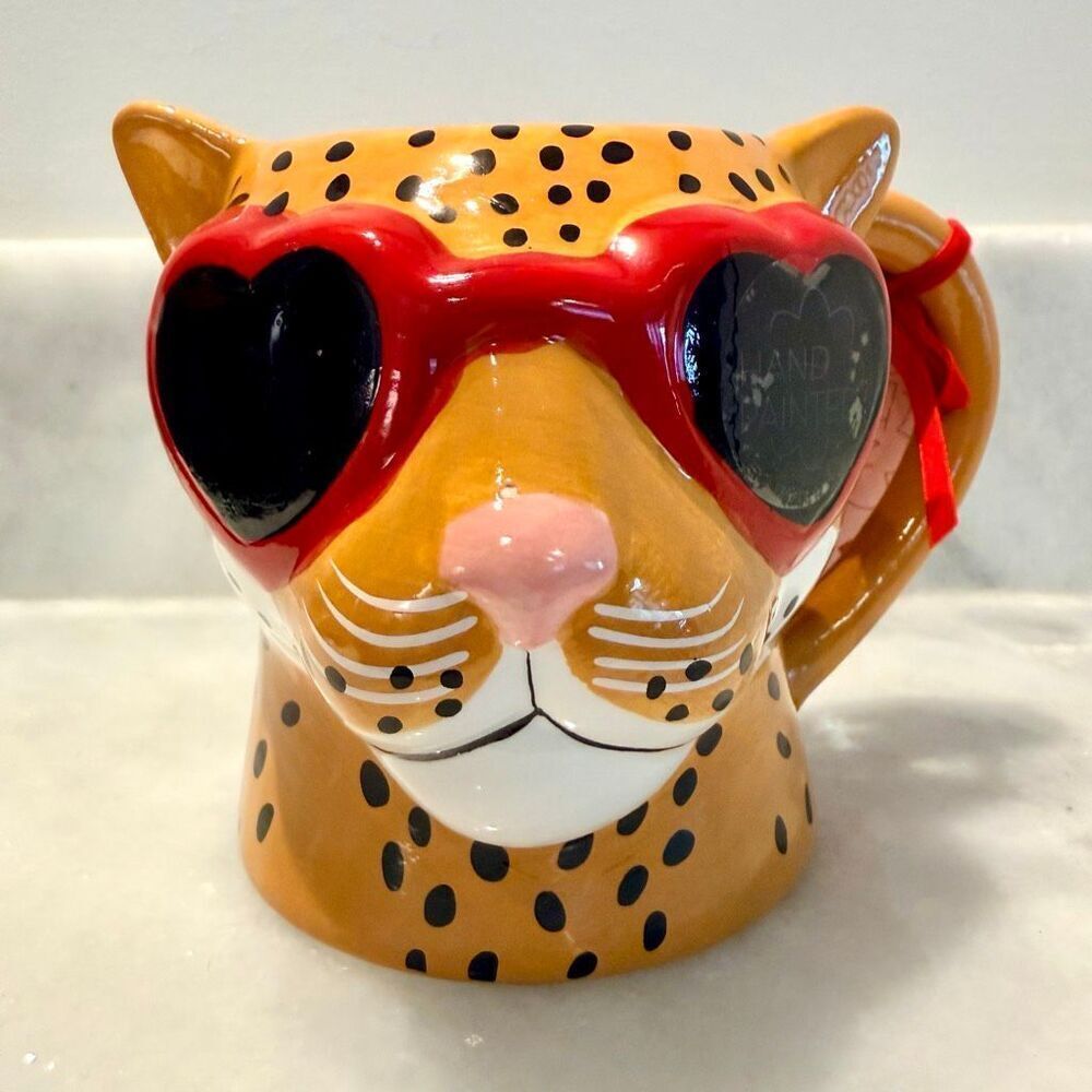 Rare NWT Hand Painted Leopard or Cheetah Cat Mug Heart Sunglasses Valentine Cera